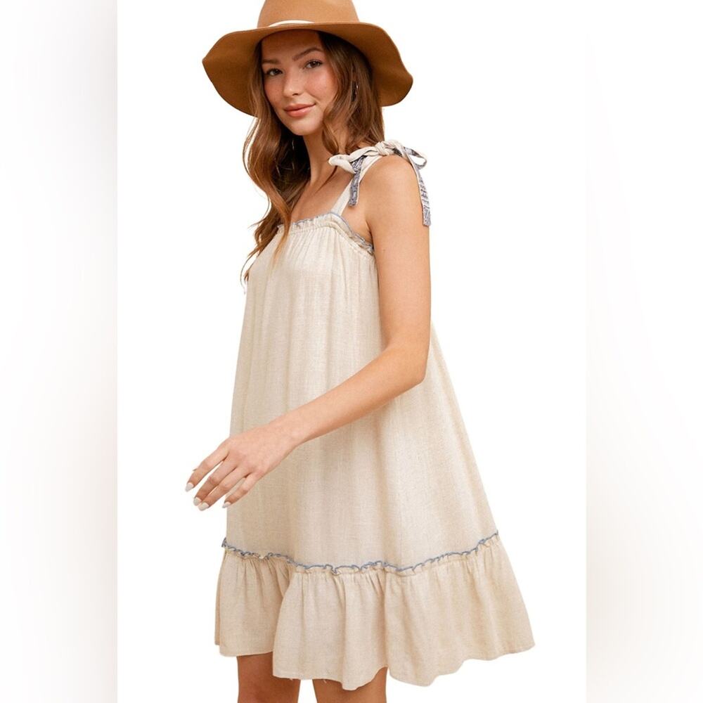 NEW HEM THREAD Oatmeal Tan Beige Linen Ruffle Blue Tank Top Tie $98 Mini Dress M